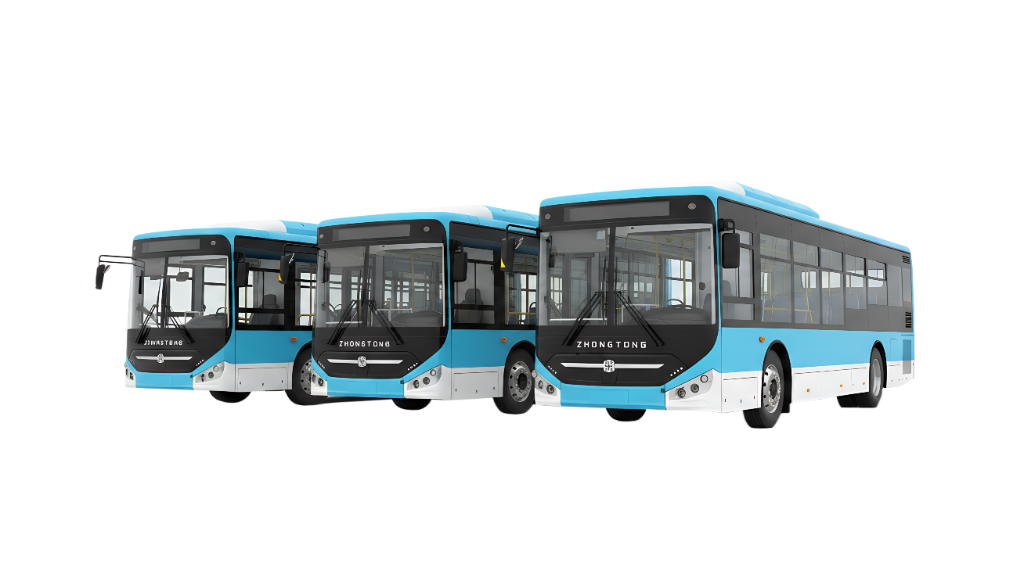 Flota de buses eléctricos celestes de Ruta Publicidad